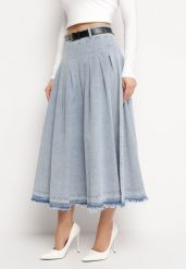Jasnoniebieska Spódnica Jeansowa Rozkloszowana z Paskiem z Ekoskóry Nalier. Niebieskie spódnice damskie Born2be, na co dzień, l, bez wzorów, z jeansu, eleganckie, maxi. Za 179.99 zł.