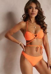 Pomarańczowe Dwuczęściowe Bikini Wiązane na Szyi z Głębokim Wycięciem Magdalena. Brązowe bikini Renee, bez wzorów. Za 49.99 zł.