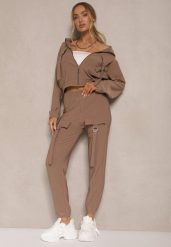 Brązowy Komplet Dresowy Utility Bluza Rozpinana i Spodnie z Kieszeniami Telinoria. Brązowe bluzy damskie Renee, m, z aplikacjami, z dresówki, bez kaptura. Za 74.99 zł.