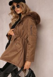 Brązowa Kurtka Parka z Kapturem i Ozdobnym Futerkiem Dioneta. Brązowe kurtki damskie Renee, l, z jeansu, z kapturem. Za 169.99 zł.