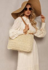 Jasnobeżowa Pleciona Torebka o Dużym Fasonie Tote w Stylu Boho Emerria. Brązowe torebki klasyczne damskie Renee, bez dodatków. Za 89.99 zł.