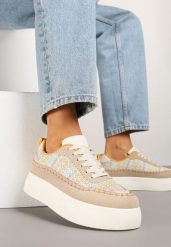 Ciemnobeżowe Sneakersy na Platformie Ozdobione Plecionką Nilaraviela. Brązowe obuwie sportowe damskie Renee, z jeansu, bez zapięcia. Za 89.99 zł.