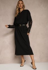 Czarna Sukienka z Bawełny o Kroju Typu T-shirt z Koronką i Rozcięciami Tanisla. Czarne sukienki damskie Renee, bez wzorów, z bawełny, eleganckie, bez ramiączek. W wyprzedaży za 67.99 zł.