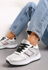 Srebrne Sznurowane Sneakersy z Brokatem i Siateczką na Grubej Podeszwie Leviria. Szare obuwie sportowe damskie Renee, bez zapięcia. Za 89.99 zł.