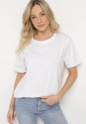 Biały Bawełniany T-shirt Ozdobiony Koralikami Tlerra. Białe t-shirty damskie Born2be, l, z aplikacjami, z bawełny, bez kołnierzyka. Za 34.99 zł.