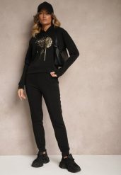 Czarny Ocieplany Komplet Dresowy z Bawełny Spodnie i Bluza Sevida. Czarne bluzy damskie Renee, m, z aplikacjami, z bawełny, bez kaptura. Za 84.99 zł.