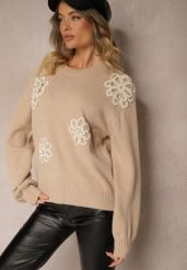 Beżowy Sweter z Bawełną Ozdobiony Kwiatami 3D Esenavia. Brązowe swetry klasyczne damskie Renee, z bawełny, bez kołnierzyka. Za 129.99 zł.