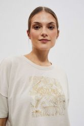 Bluza z nadrukiem piaskowa. Bluzy damskie MOODO, s, bez wzorów, z bawełny, bez kaptura. W wyprzedaży za 23.99 zł.