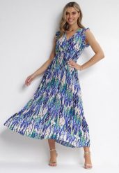 Granatowa Sukienka Plisowana z Kopertowym Dekoltem Bellan. Niebieskie sukienki damskie Born2be, bez wzorów, z jeansu, eleganckie, bez ramiączek. Za 139.99 zł.