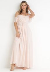 Różowa Maxi Sukienka o Rozkloszowanym Fasonie na Cienkich Skrzyżowanych Ramiączkach Hendina. Czerwone sukienki damskie Born2be, bez wzorów, bez ramiączek. Za 149.99 zł.