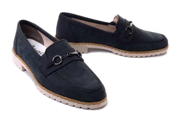 RIEKER 51860-14 blue, półbuty damskie. Niebieskie półbuty damskie Rieker, bez wzorów, bez obcasa, na obcasie, bez zapięcia. Za 247.43 zł.