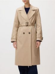 Bawełniany trencz z paskiem - beżowy. Brązowe płaszcze damskie Reserved, l, bez wzorów, z bawełny, bez kaptura. Za 279.99 zł.