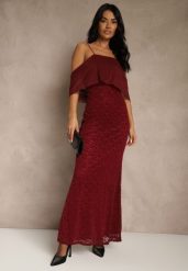 Bordowa Sukienka o Asymetrycznym Kroju Ozdobiona Falbaną Owedia. Czerwone sukienki damskie Renee, bez wzorów, z poliesteru, eleganckie, bez ramiączek. Za 189.99 zł.