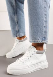 Biało-Szare Sneakersy za Kostkę z Delikatną Perforacją Aizeda. Białe obuwie sportowe damskie Born2be, z materiału, za kostkę, bez zapięcia. Za 89.99 zł.