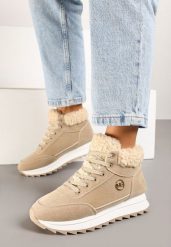 Ciemnobeżowe Sneakersy z Imitacji Zamszu Mocno Ocieplane Futrem Metarilea. Brązowe obuwie sportowe damskie Born2be, na zimę, z dzianiny, bez zapięcia. Za 99.99 zł.