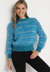 Niebieski Sweter z Wiskozą i Bawełną z Kolorową Nicią Raithra. Niebieskie swetry klasyczne damskie Born2be, uniwersalny, z bawełny, bez kołnierzyka. Za 89.99 zł.