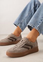 Beżowe Sneakersy Retro Tenisówki z Naturalnego Zamszu ze Skórzaną Wkładką Beralene. Brązowe obuwie sportowe casual damskie Renee, bez wzorów, z koronki, bez zapięcia. Za 189.99 zł.