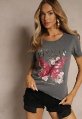 Ciemnoszary T-shirt z Bawełny Ozdobiony Motylem i Metalicznym Napisem Zariellea. Szare t-shirty damskie Renee, l, bez wzorów, z bawełny, bez kołnierzyka. Za 39.99 zł.