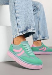 Zielone Sneakersy w Stylu Klasycznych Tenisówek na Grubej Podeszwie Grelritia. Zielone obuwie sportowe damskie Born2be, z materiału, bez zapięcia, tenisowe. Za 89.99 zł.