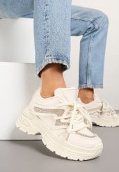 Beżowe Sneakersy na Platformie z Grubymi Sznurówkami Kilanne. Brązowe obuwie sportowe damskie Renee, z jeansu, bez zapięcia. Za 109.99 zł.