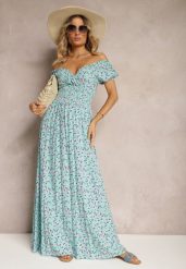 Niebieska Wiskozowa Sukienka w Kwiaty z Trójkątnym Dekoltem i Gumką w Talii Lasteri. Niebieskie sukienki damskie Renee, bez wzorów, z wiskozy, eleganckie, bez ramiączek. W wyprzedaży za 63.99 zł.