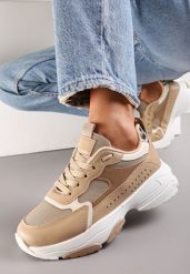 Ciemnobeżowe Sneakersy na Grubej Podeszwie z Cholewką przed Kostkę i Perforacją Obethy. Brązowe obuwie sportowe damskie Renee, przed kostkę, bez zapięcia. Za 59.99 zł.
