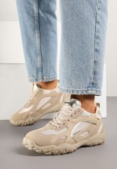 Ciemnobeżowe Sneakersy Ozdobione Tłoczoną Cholewką Pillitha. Brązowe obuwie sportowe damskie Renee, z jeansu, bez zapięcia. Za 74.99 zł.