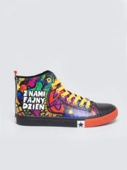 Trampki wysokie ze skóry ekologicznej z nadrukiem WOśP czarne TT174402 906. Czarne trampki damskie Big Star, bez wzorów, z gumy, bez zapięcia. Za 169.99 zł.