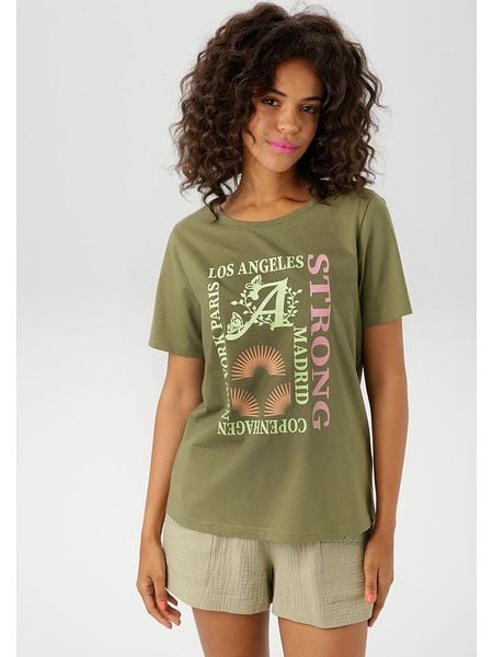Aniston Koszulka w kolorze khaki rozmiar: 40. Brązowe bluzki damskie Aniston, bez wzorów, z bawełny, bez kołnierzyka, bez ramiączek. Za 30.95 zł.