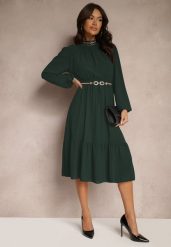 Zielona Sukienka z Aplikacjami na Stójce i z Gumką w Talii Lilora. Zielone sukienki damskie Renee, z aplikacjami, eleganckie, bez ramiączek. W wyprzedaży za 83.99 zł.