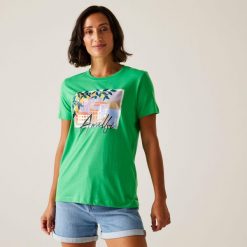 Koszulka sportowa damska Filandra VIII. Zielone koszulki sportowe damskie Regatta, bez wzorów, bez ramiączek, trekkingowe. W wyprzedaży za 97.00 zł.