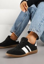 Czarne Sneakersy w Stylu Tenisówek Ozdobione Paskami Jenaniela. Czarne obuwie sportowe damskie Renee, z jeansu, bez zapięcia, tenisowe. Za 74.99 zł.