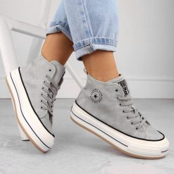 Trampki damskie za kostkę delikatnie ocieplane szare Big Star OO274070. Szare obuwie sportowe casual damskie Big Star, z polaru, bez zapięcia. Za 84.00 zł.