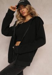 Czarna Sportowa Bluza Zapinana na Suwak z Haftowanym Napisem Kelso. Czarne bluzy damskie Renee, xl, bez wzorów, z bawełny, bez kaptura. Za 84.99 zł.