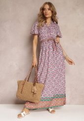 Różowa Sukienka Maxi z Paskiem i Gumką w Talii w Ornamentalny Wzór Calvim. Czerwone sukienki damskie Renee, bez wzorów, bez ramiączek. W wyprzedaży za 75.99 zł.
