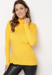 Żółty Golf w Prążki Allelina. Żółte golfy damskie Born2be, m, bez wzorów, z jeansu, bez ramiączek. Za 74.99 zł.