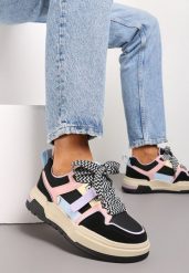 Czarne Sneakersy na Płaskiej Podeszwie z Grubymi Sznurówkami i Przeszyciami Joliat. Czarne obuwie sportowe damskie Renee, z jeansu, bez zapięcia. Za 89.99 zł.