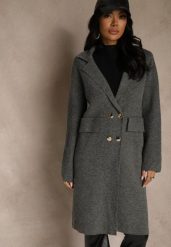 Szary Płaszcz Dwurzędowy o Długim Kroju w Eleganckim Stylu Saratusa. Szare płaszcze damskie Renee, bez wzorów, z jeansu, bez kaptura. Za 139.99 zł.