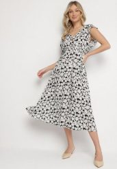 Czarna Bawełniana Sukienka w Kwiatki o Rozkloszowanym Kroju z Gumką Alanilia. Czarne sukienki damskie Born2be, bez wzorów, z bawełny, eleganckie, bez ramiączek. Za 69.99 zł.