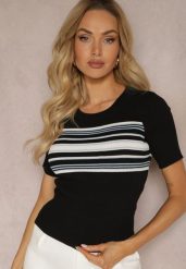 Czarna Casualowa Bluzka z Nadrukiem w Paski z Prążkowanego Materiału Dniasa. Czarne bluzki damskie Renee, m, bez wzorów, z jeansu, eleganckie, bez kołnierzyka, bez ramiączek. Za 54.99 zł.