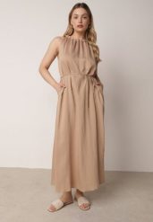 Beżowa Wiskozowa Sukienka Bez Rękawów z Warkoczowym Splotem przy Dekolcie Shirineli. Brązowe sukienki damskie Born2be, bez wzorów, z tkaniny, boho, bez ramiączek. Za 109.99 zł.