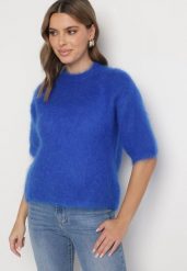 Niebieski Moherowy Sweter o Kroju Nietoperza z Rękawami 3/4 Eleanira. Niebieskie swetry klasyczne damskie Born2be, na zimę, uniwersalny, z jeansu, bez kołnierzyka. Za 299.99 zł.