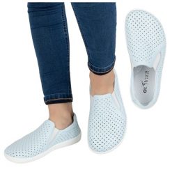 Olivier Barefoot Damskie półbuty skórzane minimalistyczne ażurowe wsuwane 1308POL błękitne niebieskie. Niebieskie półbuty damskie w ażurowe wzory, ze skóry, bez obcasa, na płaskiej podeszwie, bez zapięcia. Za 453.66 zł.