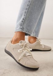 Beżowe Sneakersy z Podwójnym Sznurowaniem i Geometrycznymi Wstawkami Adrearah. Brązowe obuwie sportowe damskie Renee, z jeansu, bez zapięcia. Za 79.99 zł.