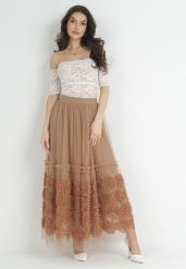 Beżowa Spódnica Maxi z Tiulowej Siateczki z Gumką w Pasie Johannah. Brązowe spódnice damskie Born2be, m, bez wzorów, z koronki, maxi. Za 129.99 zł.
