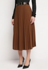 Ciemnobrązowa Spódnica Plisowana z Paskiem Onie. Brązowe spódnice damskie Born2be, na co dzień, bez wzorów, eleganckie, midi. Za 84.99 zł.
