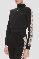 GUESS Czarna rozpinana bluza damska z lampasami New Britney, Rozmiar S. Czarne bluzy damskie Guess, s, z aplikacjami, z dresówki, bez kaptura. Za 459.99 zł.