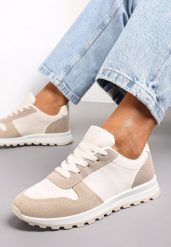 Biało-Ciemnobeżowe Sznurowane Sneakersy na Płaskiej Podeszwie z Wycięciami i Wstawkami Zaylynn. Brązowe obuwie sportowe casual damskie Renee, ze skóry, bez zapięcia. Za 89.99 zł.