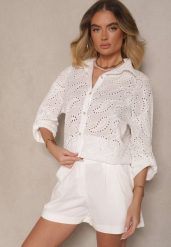 Biała Ażurowa Koszula z Bawełny Zdobiona Haftem Reivalora. Białe koszule damskie Renee, m, z aplikacjami, z bawełny, eleganckie, bez kołnierzyka, bez ramiączek. Za 84.99 zł.