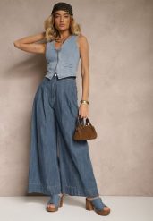 Granatowe Szerokie Jeansy z Bawełny High Waist Cohna. Niebieskie jeansy damskie Renee, bez wzorów, z bawełny. Za 129.99 zł.